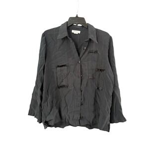 Illusion Womens Black Tencel Button Up Blouse Spiral Patch Frayed Trim Large